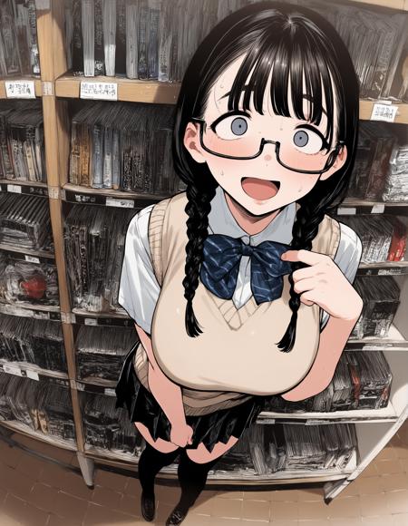 hrunstyl black hair, bangs, large breasts, glasses, thighhighs, bowtie, sweater vest, skirt