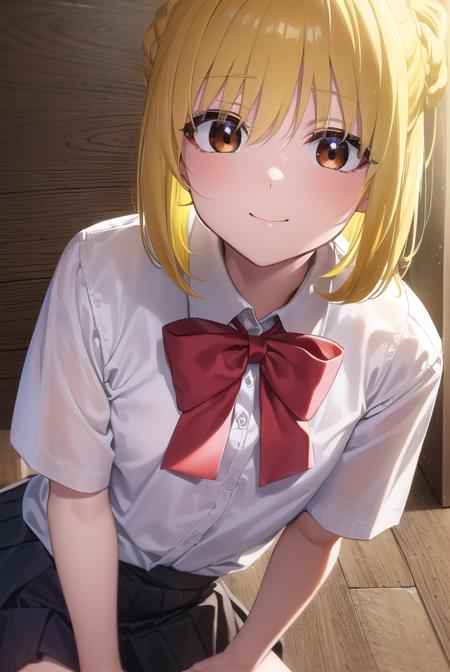 nijikaijichi, <lyco:nijikaijichi-lyco-nochekaiser:1>, 
nijika ijichi, ahoge, (yellow hair:1.5), (brown eyes:1.5), long hair, one side up, (flat chest:1.2), smile,
BREAK (black skirt:1.5), bow, bowtie, collared shirt, pleated skirt, polka dot, polka dot bow, red bow, (red bowtie:1.5), red footwear, shirt, shoes, short sleeves, skirt, socks, (white shirt:1.5), white socks,
BREAK indoors, classroom,
BREAK looking at viewer, (cowboy shot:1.5), 
BREAK <lyco:GoodHands-beta2:1>, (masterpiece:1.2), best quality, high resolution, unity 8k wallpaper, (illustration:0.8), (beautiful detailed eyes:1.6), extremely detailed face, perfect lighting, extremely detailed CG, (perfect hands, perfect anatomy),