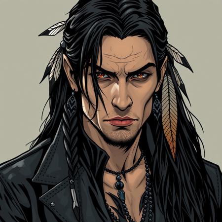 Create the image for a native american gangrel vampire, he has long black hair and now he wears dark leather jacket and also natie american decorations in his hair. Make it in a comic goth artstyle reminiscent of the Vampire the Masquerade drawings itself. Make his skin with a shade of light brown and he should have no beard.  His eyes are dark brown. He is a male vampire. Manly native american.