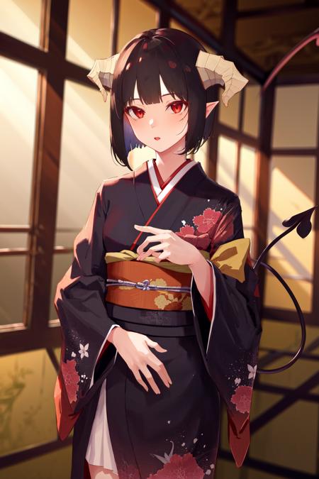 masterpiece, best quality, highres, 1girl horns short hair demon tail <lora:goumon_torture_no_outfit:1> kimono