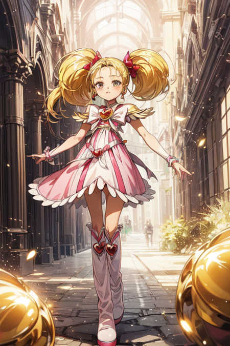 Shiny, 1girl, solo, blonde hair, long hair, twin tails, heart brooch, jewelry, magical girl, dress, knee boots