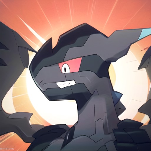 zekrom, activated, solo, clenched teeth, closed mouth, smile, red background, profile
