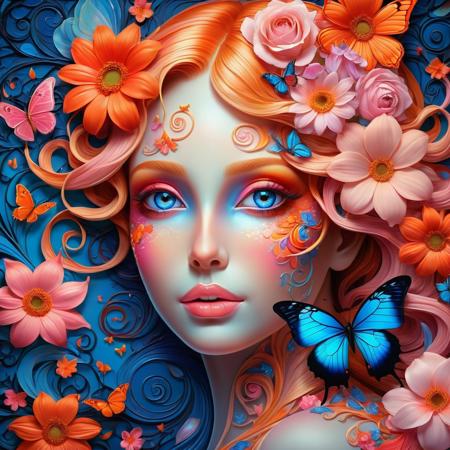 A highly detailed and vibrant digital painting of a woman's face with striking blue eyes, surrounded by an intricate and colorful array of flowers and swirling patterns. The woman's hair blends seamlessly with the floral designs, featuring roses, daisies, and other blooming flowers in various shades of pink, blue, and orange. A large, vivid butterfly with orange and red wings rests on the side of her face, adding to the ethereal and magical quality of the image. The overall style is a fusion of fantasy and realism, with a focus on rich textures, vivid colors, and intricate details