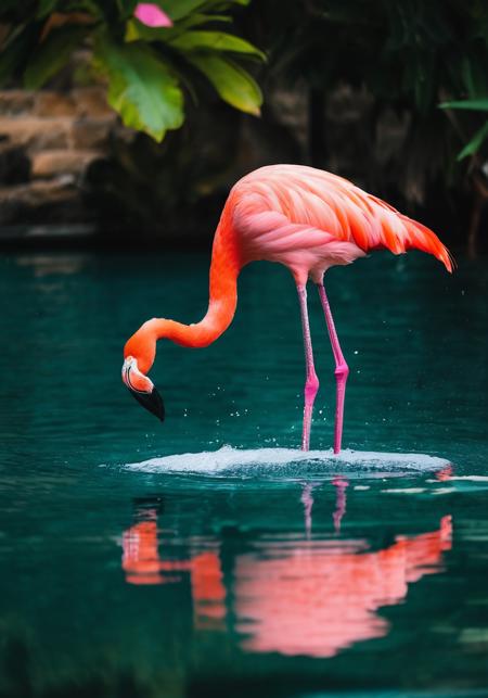 unsplash, photo, a pink flamingo standing in a pool of water,an orange flamingo stands in the shallow water, solo, standing, full_body, outdoors, blurry, no_humans, bird, leaf, plant, animal_focus, beak