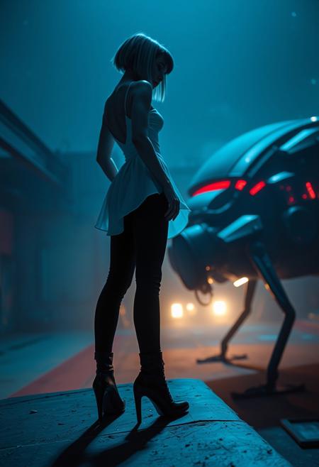 (Soft Lighting Photography by Mimoza Veliu and Mario Giacomelli:1.2), NSFW, A dramatic, high-fashion figure stands in a dark environment illuminated by soft, cool blue lighting, casting faint shadows. The model has a striking, futuristic appearance with a sharp, angular black bob hairstyle. . . The lower half consists of sleek black leggings or pants, seamlessly transitioning into high-heeled boots, accentuating their tall, elongated stance. (super detailed, breath taking, best quality. Side view. Close up. an abandoned alien spaceport, a dark starry sky. Gloomy black and red tones, dirty, dim light. .Zev Bellinger, a woman with light blue hair makes a long jump from the edge of the spacecraft forward down onto a black space flyer in the form of an insect. He looks at the flyer and screams. She is wearing (a white one-piece short dress) and heavy black boots on her feet. wide hips. The skin is stained with machine oil, (hair and dress move freely in zero gravity). Dynamic posture, in motion, partially lubricated ends of legs and arms, expression. There's smoke all around. In the background, black mountains and remnants of space structures on the horizon, a pink sunrise gradient, a blue planet, white contrails of rockets in the sky. sense of control and mystery. amplifying the ethereal and futuristic ambiance of the scene. The overall composition feels cinematic, blending high fashion with a science fiction aesthetic. 
beautiful face, sexy, dynamic poses,
