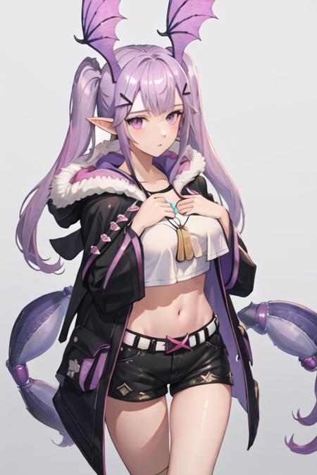 best quality, masterpiece, highres, solo, {manticore_arknights:1.15}, long_hair, purple_hair, head_wings, pointy_ears, bangs, hair_ornament, purple_eyes, twintails, breasts, hairclip, tail, 1girl, looking_at_viewer, midriff, shirt, shorts, white_shirt, dog_tags, jacket, black_shorts, crop_top, medium_breasts, navel, open_clothes, black_jacket, long_sleeves, short_shorts, fur_trim, simple_background, white_background, hood, cowboy_shot, thighs, belt