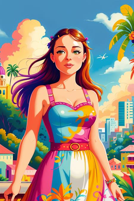 playfulwhimsy style, sprinkledpastels style, (Flat Illustration:1.1), (close portrait:1.1) beautiful young woman (SashaNobodySD15:1.0) sun dress city background tropical cuban city beautiful (vibrant:1.2) landscape (beautiful cloudy sky:1.1) (masterpiece:1.1) (painting:1.1) (best quality) (detailed) (intricate) (8k) (HDR) (wallpaper) (cinematic lighting) (sharp focus) <lora:flatIllustration_flatIllustration:0.9> <lora:playfulWhimsyLineless_v2:0.17>