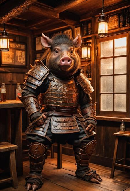 fantasy anthropomorphic a (japanese-boar) (warrior: 1.19) (leather armor) in dark japanese-tavern holding a pint of ale in a cozy environment with gas lamps oriental japanese-woodworking warm brick fireplace and (paper windows) (japanese-style-architecture)