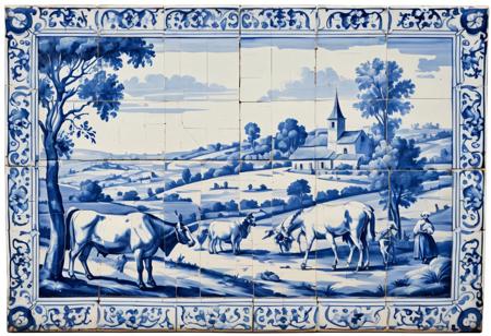 Azulejo. Large tile panel, in blue and white , depicting a bucolic countryside scene, eighteen century, pastoralism