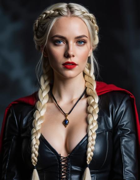 A photo-realistic portrait shoot from a portrait camera angle about a regal woman with long white hair styled in two braids, wearing a black leather outfit with a plunging neckline and a red cape, set against a dark, blurred background. the image also shows a dark and moody atmosphere. on the middle of the image, a 1 woman who appears to be a young adult, with pale skin and blue eyes, is facing the viewer with a serious expression. she has long, braided white hair, and her hair is styled in twin braids. her eyes are looking directly at the viewer, and she has a mole under her mouth. she is wearing a dark leather dress with intricate designs, and a necklace with a pendant. her body is slim and her breasts are medium-sized.
