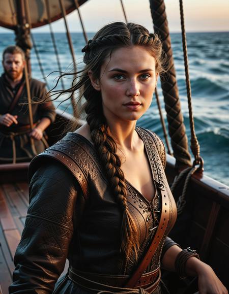 RAW full body image of a gorgeous 25 years old Gorgeous Viking Woman Brunette, braided hair, <lora:NordicByNature:0.8>,Viking Woman Navigating the Seas, A determined Viking explorer steering a wooden longship through misty Baltic waters. She grips the ship’s helm, eyes fixed on the horizon. The ship is adorned with carved dragon heads, and the sea churns beneath her, reflecting the fiery hues of the setting sun.,high quality, film grain, Fujifilm XT3, 8k uhd, dslr, film grain, kodak tri-x 400 film, grain photo DOF, faint lighting, dynamic angle, cinematic, Depth of field, bokeh, best quality, cinematic, light particles, highly_detailed, very_aesthetic, golden hour, beautiful_and_aesthetic clear focus, high resolution image, (soft naural light), (rembrandt light), (soft shadows) ,Sexy pose, erotic pose, exhibitionism,