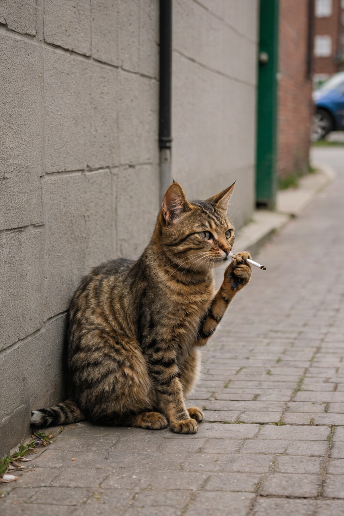 photo of an alley cat smoking a cigarette