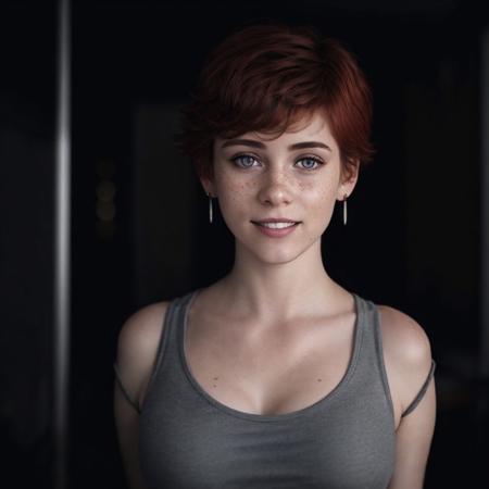 1girl, bare shoulders, blurry, blurry background, brown eyes, collarbone, depth of field, earrings, eyelashes, freckles, grey eyes, indoors, jewelry, lips, looking at viewer, mole, mole on breast, mole on neck, mole under eye, nose, photo \(medium\), piercing, portrait, realistic, red hair, short hair, solo, teeth <lora:sophialilis:0.7> <lora:lowra_v10:0.7>dark background, pale skin