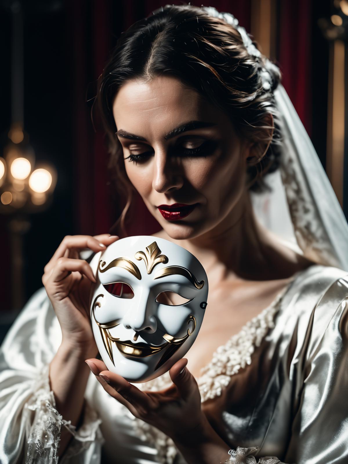 Woman in a wedding veil holding a mask to her face.