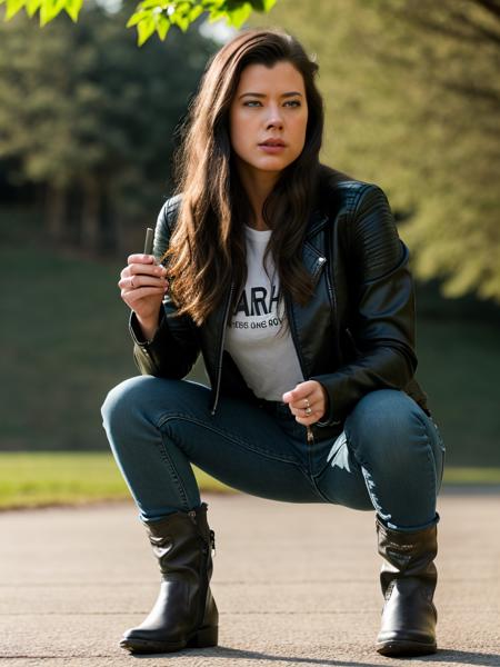 A beautiful p3yt0nl1 woman, 1girl,solo,long hair,looking at viewer,blue eyes,brown hair,shirt,long sleeves,jacket,boots,outdoors,pants,blurry,blurry background,squatting,denim,jeans,realistic,leather,denim jacket,soft lighting, professional Photography, Photorealistic, detailed, RAW, analog, sharp focus, 8k, HD, high quality, masterpiece<lora:p3yt0nl1:1.0>