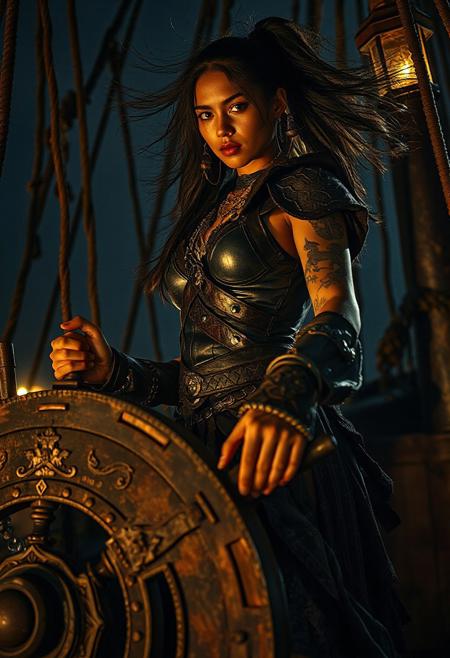 Fantasy erotic art photography, adult female pirate captain, melded Native Caribbean and Filipina heritage, intricate tribal tattoos, fitted leather armor, windswept ponytail, ornate curved blade, commanding stance at helm, full-body shot, low angle, weathered ship deck anchored in Pirate City of Lost Ships, fierce authoritative demeanor, dramatic chiaroscuro lighting with lantern glow, gold and deep navy color palette, Sony A7R IV, in the style of cinematic fantasy erotica