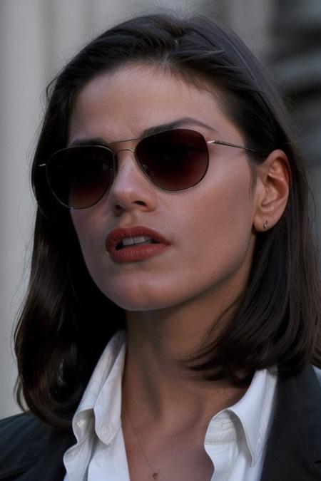 photo screencapture of men in black movie, young  lindafiorentino woman wearing white shirt and( black coat:1.3) and (sunglasses:1.1)  , (8k uhd) RAW proffesional photograph,  photo, masterpiece, realistic, realism, photorealism, high contrast, photorealistic digital art trending on Artstation 8k HD high definition detailed realistic, detailed,  hyper detailed, best quality, ultra high res, (photorealistic:1.4), high resolution, detailed, raw photo, sharp ,  rich colors,hyper realistic, lifelike texture, dramatic lighting, unreal engine, trending on artstation <lora:lindafiorentino:1>