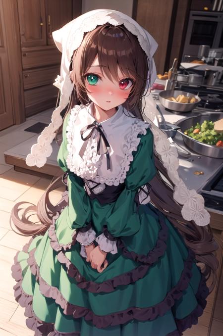 (masterpiece,best quality, detailed), indoors, kitchen, looking at viewer, 1girl, solo, full body, standing, cowboy shot, blush, nose blush,
suiseiseki, heterochromia, twin drills, green dress, neck ribbon, bonnet, head scarf