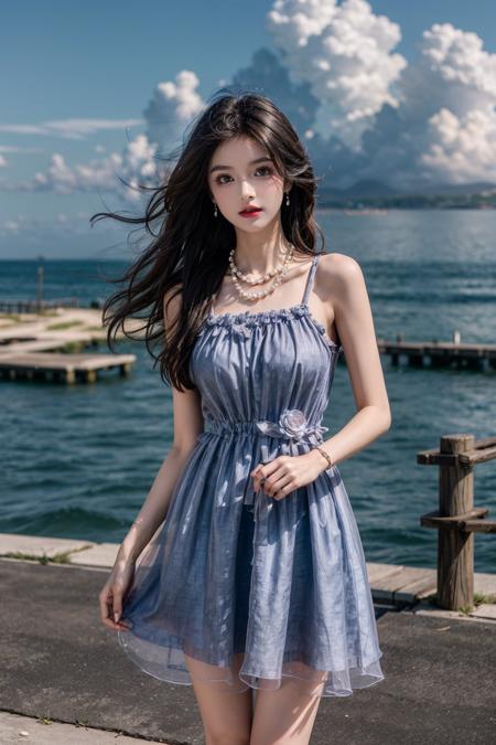 Sweet girl clothes2,pearl necklace,blue dress,flower, 