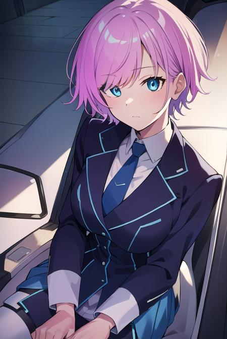 riri yuuhi, aqua eyes, pink hair, short hair, blue footwear, blue jacket, buttons, jacket, long sleeves, miniskirt, necktie, school uniform, skirt, thighhighs, zettai ryouiki