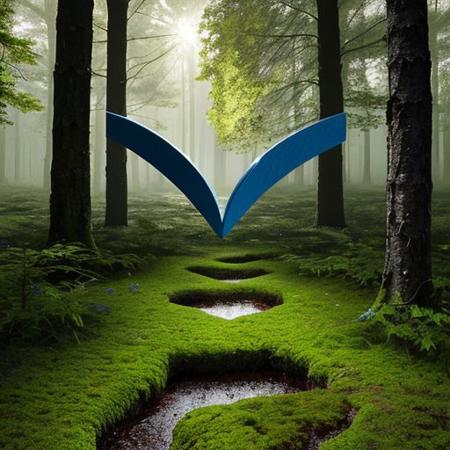 A hyper-realistic painting featuring a three-dimensional blue triangle with human eyes and a mouth, clearly expressing an emotion such as sadness or joy. The triangle should have realistic textures and lighting, making it appear as part of the physical world. It is set in a lush, vibrant forest at dawn, with sunlight filtering through dense foliage, illuminating the moss-covered ground and small wildflowers. Birds and woodland creatures add life to the serene setting. The triangle should blend seamlessly into the environment despite its surreal form, creating a striking contrast between the natural beauty of the forest and the lifelike, anthropomorphic triangle
