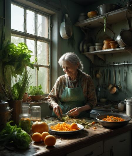 , <lora:DonMG414XL:1> ,eerie, stygical, gloomy, decay,        A highly detailed mother in her kitchen preparing meal, window sunny day, happy, smiling,