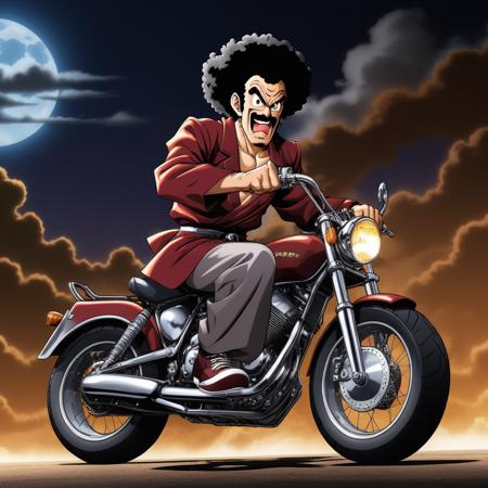 professional photo, Mr. Satan man, driving a bike, solo, 1boy, male focus,full length,dramatic lighting,<lora:mr_satan-000007:0.5>