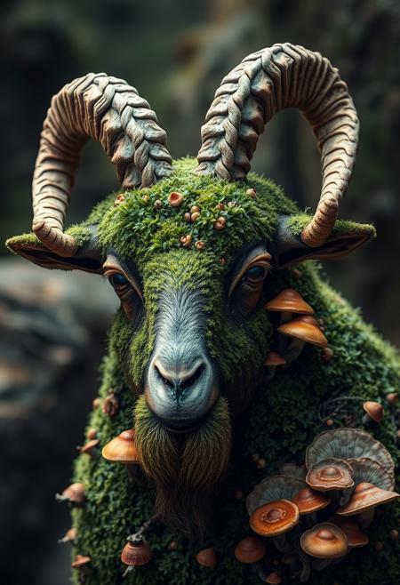 "Hyper-realistic, intricately detailed depiction of a majestic goat, its body composed entirely of lush, vibrant moss and delicate, exotic mushrooms. The goat's fur is rendered in intricate, velvety moss, with each strand meticulously textured and shaded to capture the subtle play of light on its surface. The horns, made of twisted, gnarled fungal growths, seem to sprout organically from the goat's forehead, while its eyes, shining like polished onyx, hold a deep, earthy wisdom. Every aspect of the goat's form, from the tender shoots of its beard to the intricate, lacy patterns of its mossy coat, is rendered with breathtaking precision and realism. Style: hyper-realistic, highly detailed, and richly textured, with a focus on capturing the eerie, otherworldly beauty of the moss and mushroom goat."