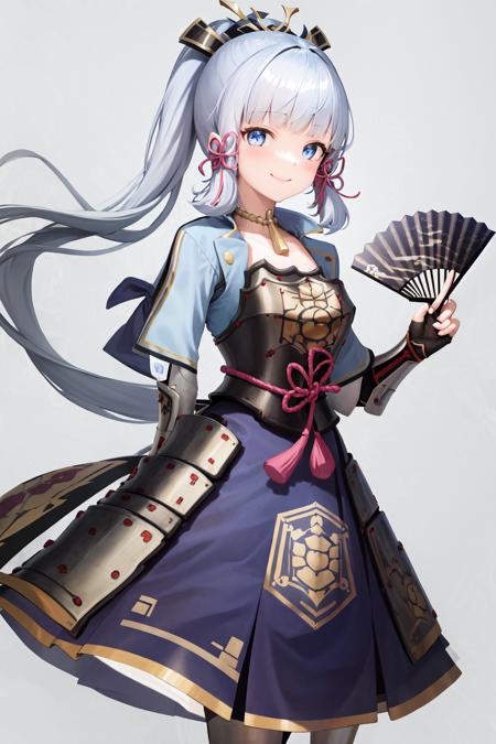 masterpiece, highres, best quality, 1girl solo, kamisato_ayaka, smile  <lora:kamisato_ayaka:1.2>
arm guards, armored dress, breastplate, japanese armor, hand fan, fingerless gloves