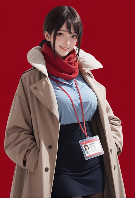 ruanyi0904,black skirt,blue shirt,coat,red scarf,red lanyard,ID card,black pantyhose