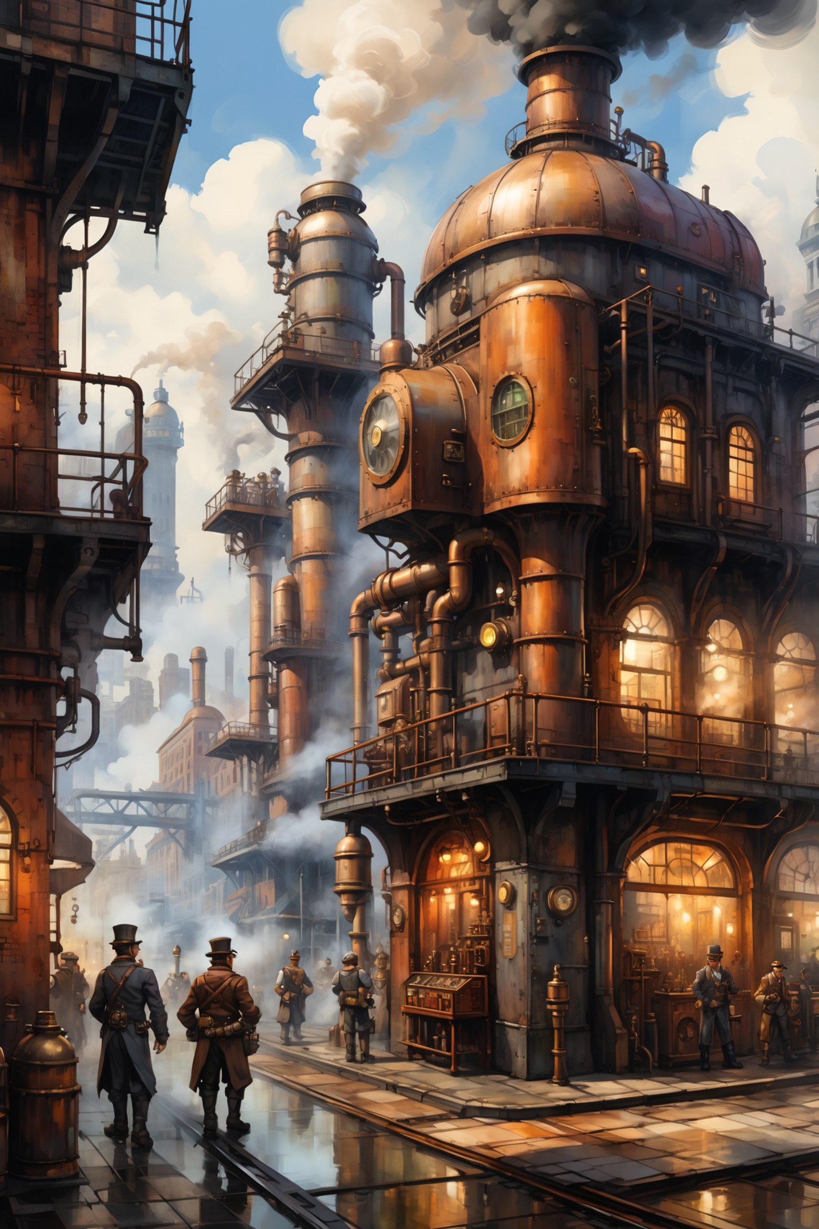 <lora:Retro_Illustration:1> 2d game scene, oil and watercolor painting, scenery, steam punk city, steam, (masterpiece:1.2)...