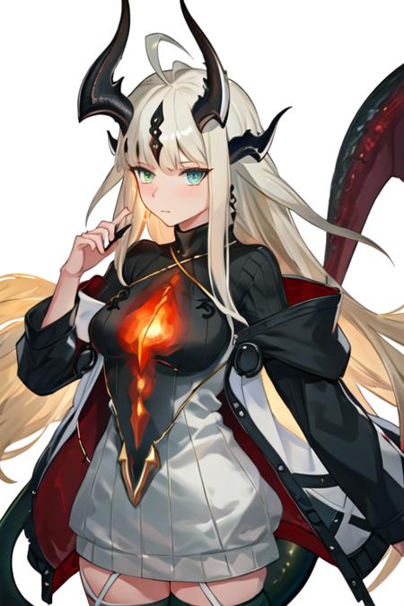 best quality, masterpiece, highres, solo, {reed_arknights:1.15}, horns, long_hair, dragon_horns, ahoge, bangs, blonde_hair, upper_body, blue_eyes, tail, breasts, white_hair, green_eyes, 1girl, looking_at_viewer, simple_background, white_background, flower, white_flower, jacket