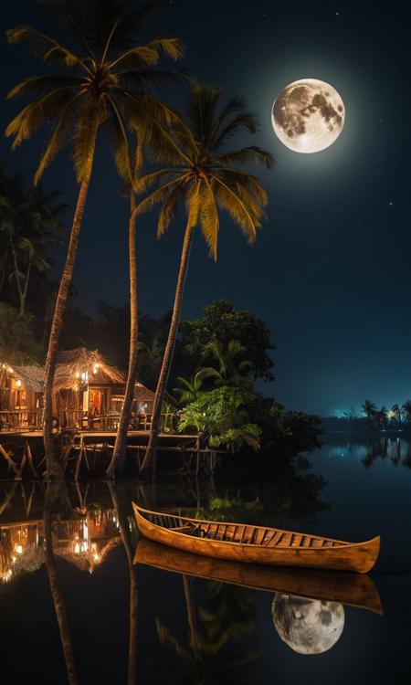 cinematic still ArsMJStyle, Paradise of Kerala River side by night, full illuminating moon, reflection, a lost old wooden canoe, shadowed Palms, natural colors, best quality, double exposure, realistic, whimsical, fantastic, splash art, intricate detailed, hyperdetailed, maximalist style, photorealistic, concept art, sharp focus, harmony, serenity, tranquility, mysterious glow . emotional, harmonious, vignette, 4k epic detailed, shot on kodak, 35mm photo, sharp focus, high budget, cinemascope, moody, epic, gorgeous, film grain, grainy, Palekh art ArsMJStyle, Paradise of Kerala River side by night, full illuminating moon, reflection, a lost old wooden canoe, shadowed Palms, natural colors, best quality, double exposure, realistic, whimsical, fantastic, splash art, intricate detailed, hyperdetailed, maximalist style, photorealistic, concept art, sharp focus, harmony, serenity, tranquility, mysterious glow. Miniature paintings, intricate details, vivid colors, folkloric themes, lacquer finish, storytelling compositions, symbolic elements, Russian folklore influence, cultural and historical significance., Ornate and Intricate, ArsMJStyle, Paradise of Kerala River side by night, full illuminating moon, reflection, a lost old wooden canoe, shadowed Palms, natural colors, best quality, double exposure, realistic, whimsical, fantastic, splash art, intricate detailed, hyperdetailed, maximalist style, photorealistic, concept art, sharp focus, harmony, serenity, tranquility, mysterious glow, decorative, highly detailed, elaborate, ornate, intricate, ambient occlusion, halation, cozy ambient lighting, dynamic lighting,masterpiece, award winning, a masterpiece, Special Ink-drawing mode, animeniji, Mh1$AgThS2, 2D flat anime, cartoon-style, intricate linework with expressive contrasts, soft lighting with dynamic highlights, WLOP, ArsMJStyle, Paradise of Kerala River side by night, full illuminating moon, reflection, a lost old wooden canoe, shadowed Palms, natural colors, best quality, double exposure, realistic, whimsical, fantastic, splash art, intricate detailed, hyperdetailed, maximalist style, photorealistic, concept art, sharp focus, harmony, serenity, tranquility, mysterious glow, enhanced light, vivid color, atmosphere, radiant, alive, majestic, pristine, flawless, perfect balance, extremely complex, very inspirational, inspiring, thought, rich, real, innocent, breathtaking, epic, cinematic, singular, illuminated, beautiful, fine detail, stunning, pure, amazing, bright, great, fabulous, outstanding, massive