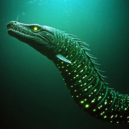 A terrifying sea monster emerging from dark waters, its very long serpentine and eel body coiling, body covered in bioluminescent markings that glow,bioluminescent. The creature has a gaping maw with long sharp teeth, head resembling a deep sea eel. Its body with a eel-like appearance. Glowing lime green bioluminescent streaks along its body.has long mouth and large jaw,
has dark deep blue scales,snake scales
,his belly is black color, 
dark green fins,
eyes glow neon light green color,
 has one eye each side of his head,
 has long snake-like body coiling 
,has a long and wide translucence fin at end of its tail,
 has very long and sharp dorsal fins on the top of its back
,has jagged gills with small thin horns behind its cheeks,
pair number of fins, has 2 pectoral fins
BREAK
 The background suggests a misty,dark, otherworldly underwater space scene
leviathan a sea monster
 (masterpiece), best quality, intricate detail, amazing quality, amazing shading,  gloomy colors, dark aura, horror,pitch black background,
<lora:night vision style:1>