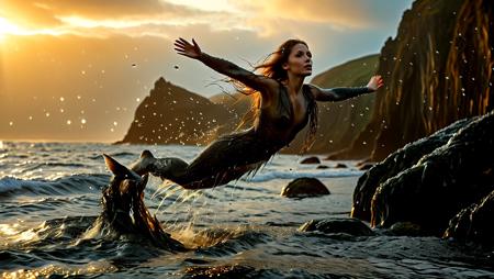 An ultra-detailed, cinematic image of a selkie mid-transformation, caught in motion as she leaps from the ocean towards a rocky, mist-covered Scottish shore at twilight. Her form is a harmonious blend of seal and woman: a stunningly beautiful woman's face, with strong webbed flippers transforming into human arms, and soft seal skin gradually fading into human skin, revealing subtle textures. Her face remains mysterious and animal-like, eyes deep and ancient. No nudity — she is wrapped in strands of seaweed and kelp, as if the ocean still clings to her. Her powerful leap sends water droplets into the golden-pink air, trailing behind her. The atmosphere is magical and emotional — steep cliffs, crashing waves, and low mist evoke Celtic folklore and forgotten realms