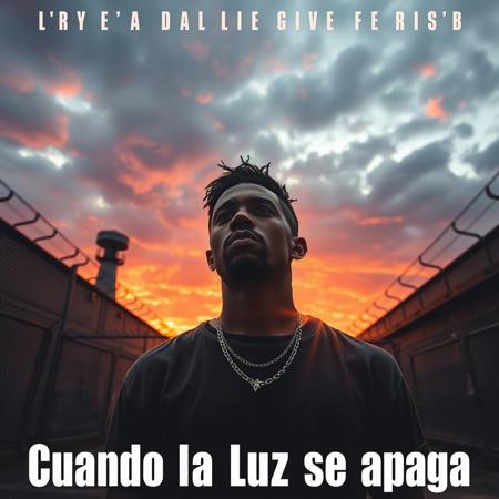 rock album cover for a melancholic rock about prison life, prison yard, dramatic sunset, view from below, rapper looking determined, album title "Cuando la luz se apaga"