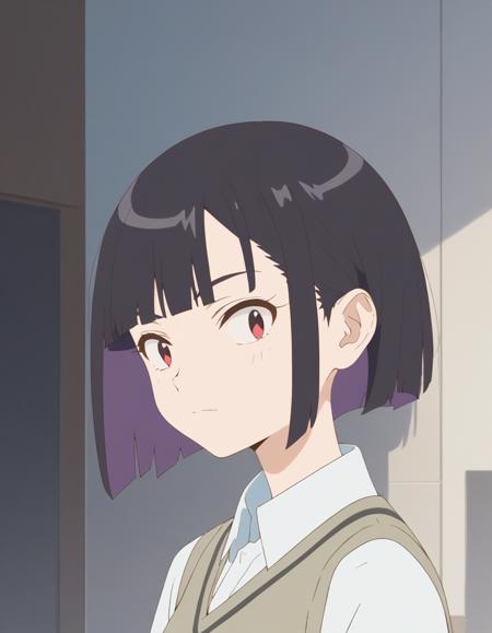 purin, short hair, black hair, multicolored hair, red eyes