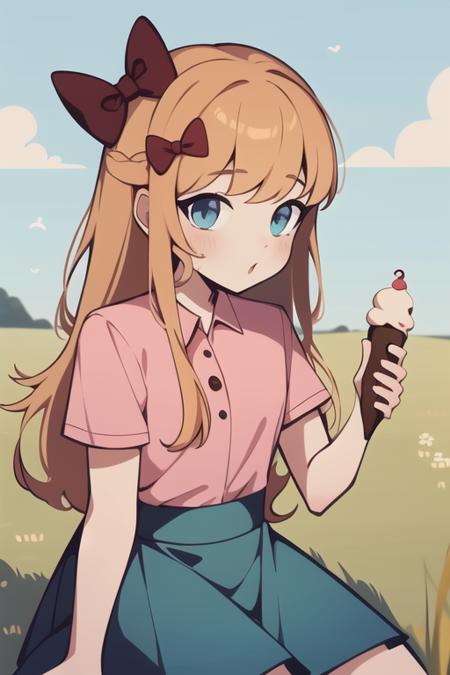 <lora:fnaf elizabeth afton-08:1> elizabeth , elizabeth, bow, pink shirt, blue skirt, hair bow, solo, eating ice-cream, blue sky, flat grass land,, masterpiece, best quality, detailed shading, detailed ambient light, detailed background, masterpiece,