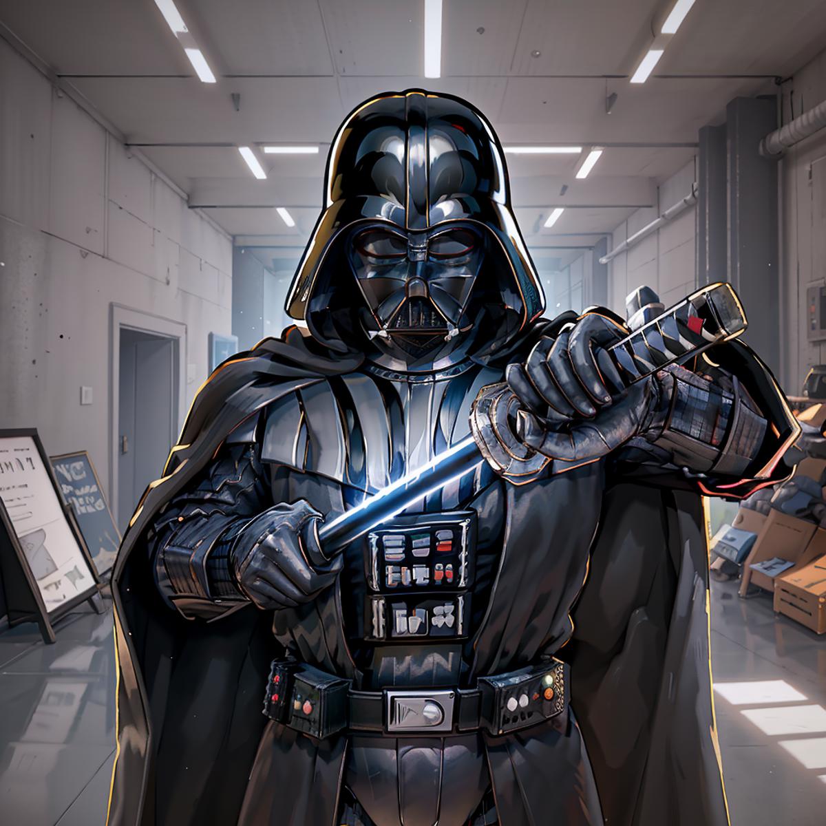 A cartoon image of a man in a Darth Vader costume holding a sword.