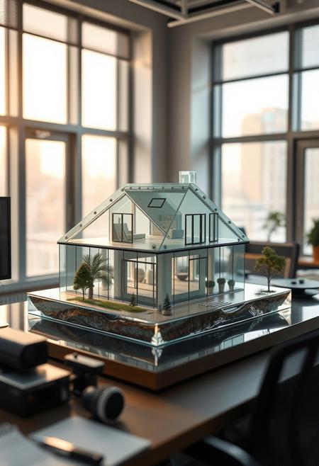 isometric diorama of a house built entirely of transparent glass, wide pulled back view, diorama is in an office setting, on a desk, large windows, warm daylight