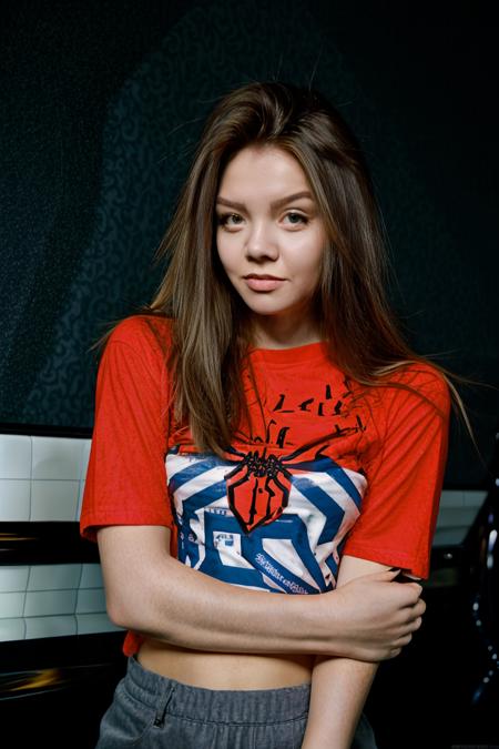 masterpiece,best quality,Fuji 400 film,<lora:00_Tammi_MetArt_lora_001:1>,a photo of T4mm1,25 year old woman,upper body focus,long hair,wearing a spiderman t-shirt,<lora:LCM_LoRA_Weights_SD15:1.0><lora:LCM_LoRA_Weights_SD15:1.0>