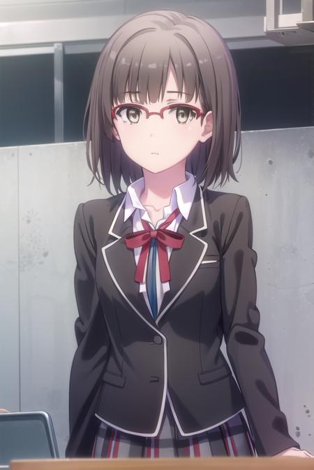 hinaebina, <lora:hina ebina s2-lora-nochekaiser:1>,
hina ebina, short hair, brown hair, black hair, (brown eyes:1.5), glasses,
BREAK skirt, ribbon, school uniform, jacket, black jacket, plaid, plaid skirt, blazer, sobu high school uniform,
BREAK indoors, classroom,
BREAK looking at viewer,
BREAK <lyco:GoodHands-beta2:1>, (masterpiece:1.2), best quality, high resolution, unity 8k wallpaper, (illustration:0.8), (beautiful detailed eyes:1.6), extremely detailed face, perfect lighting, extremely detailed CG, (perfect hands, perfect anatomy),