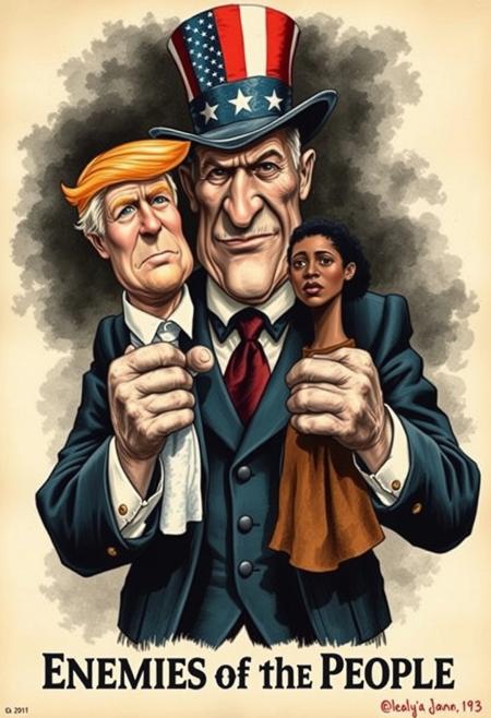 world war I military propaganda poster showing the "enemies of the people", the caricature drawing in the style of a gravure depicts an evil greedy capitalist with 3 piece suit and a American flag top hat who is holding two sock puppets, puppets in which he has his hands, one puppet is of an old white man with orange hair resembling Trump, the other puppet is that of a tanned short haired mixed india african woman resembling kamala harris, the a title at the bottom that reads "Enemies of the People"