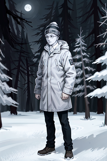 anton, solo, short hair, monochrome, upper body, hat, winter, greyscale, male focus, white hair,  glasses, <lora:anton:0.6>