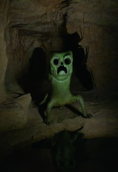 a scary mccreeper in a cave by night <lora:mccreeper-XL:1> photography with flash, surprise, artificial light, reflection,
