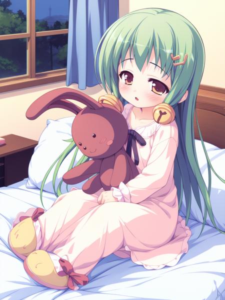 <lora:TachibanaYuzu:0.8>, TachibanaYuzu, 1girl, solo, green hair, stuffed toy, stuffed animal, slippers, bell, long hair, stuffed bunny, hair bell, nightgown, child, pajamas, jingle bell, blush, hair ornament, ribbon, 
sanatorium,
masterpiece, high quality, very_high_resolution, large_filesize, full color,