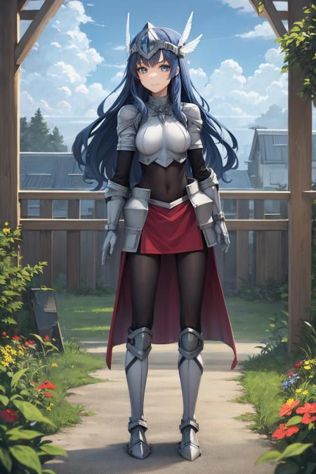 best quality, (masterpiece:1.2), illustration, absurdres,
(1girl, solo),  (beautiful detailed girl), 
<lora:Ennea-08:0.8>, blue hair, long hair, wavy hair, blue eyes, medium breasts,
armor, armored_dress, winged visor, wing ornament, bodysuit, black_bodysuit, pantyhose, armored_boots, greaves, red skirt, red waistcloak,
relaxed, gentle smile, looking at viewer,
magical forest, flowers, sky, clouds