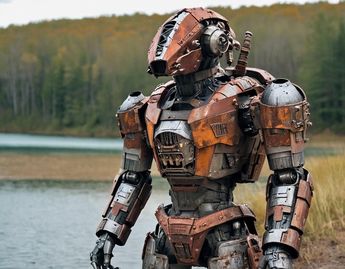 A large, rusted robot on a beach near a lake.