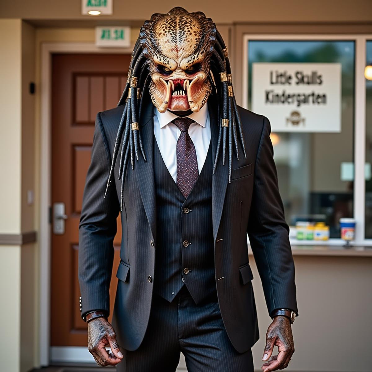 a full body portrait of Predator is wearing a suit and tie, inaugurating a kindergarten. TheKindergarten has a sign that reads "Little Skulls Kindergarten"<lora:PredatorV2:0.8>