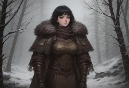 score_9, score_8_up, score_7_up, extremely detailed, 1 girl, pale skin, green eyes, cute face, freckles, short black hair, bangs, athletic, large breasts, BREAK, armor, intricate design, fur-trimmed mantle and cloak, gauntlets, standing in a snowy pine forest, mountains in the distance